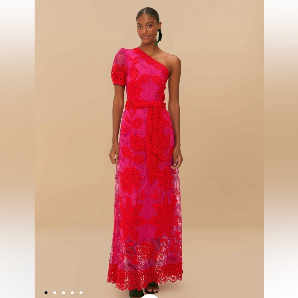 Bicolor Guipure One-Shoulder Maxi Dress